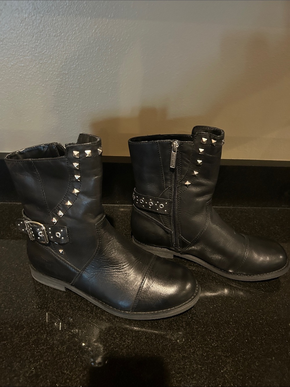 Harley-Davidson Black Leather Stud & Buckle Mid-Calf Moto Boots